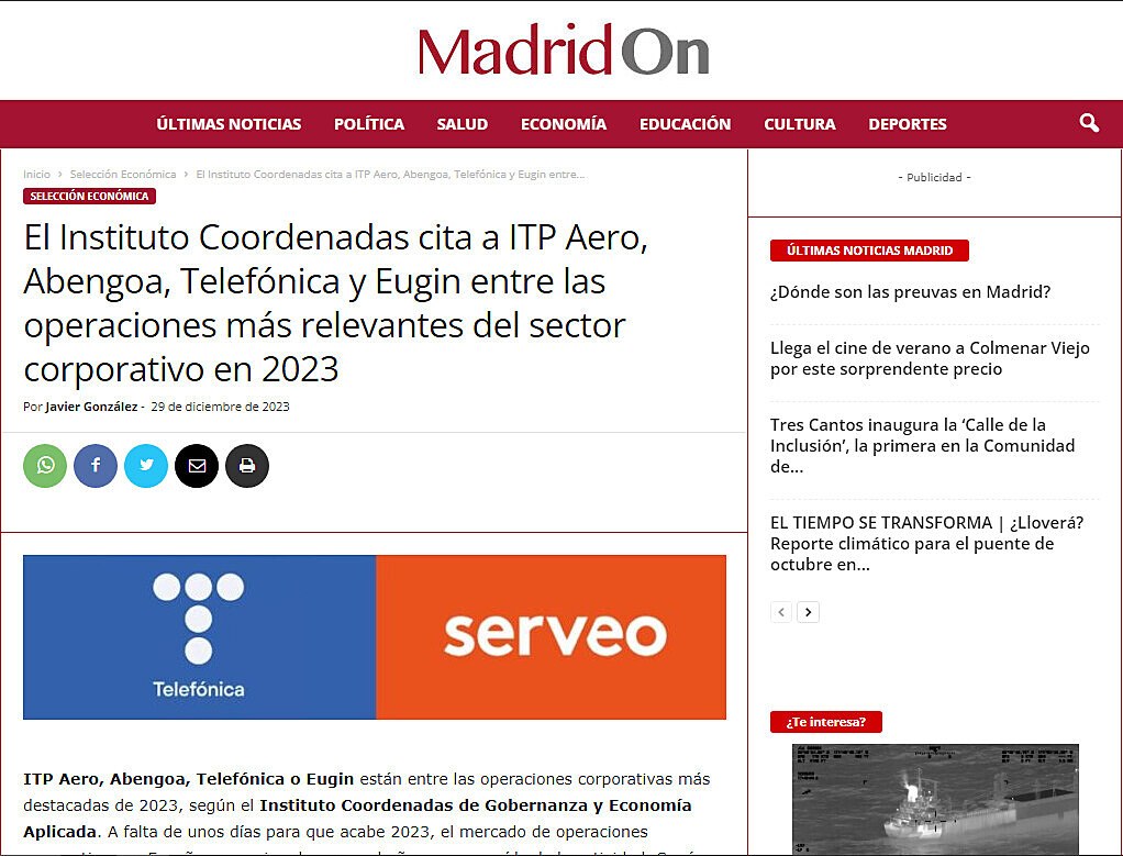 El Instituto Coordenadas cita a ITP Aero, Abengoa, Telefnica y Eugin entre las operaciones ms relevantes del sector corporativo en 2023